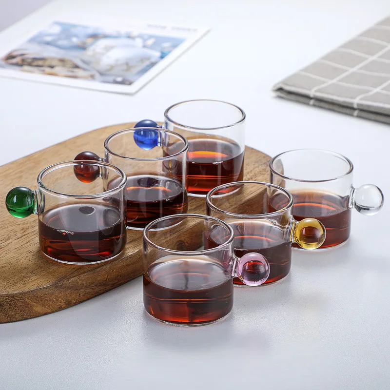 6pcs Espresso Cups with Ball Handle Mini Coffee Cups Heat Resistant Teacup Glass Drinking Mug Drinkware 100ml/3.38oz