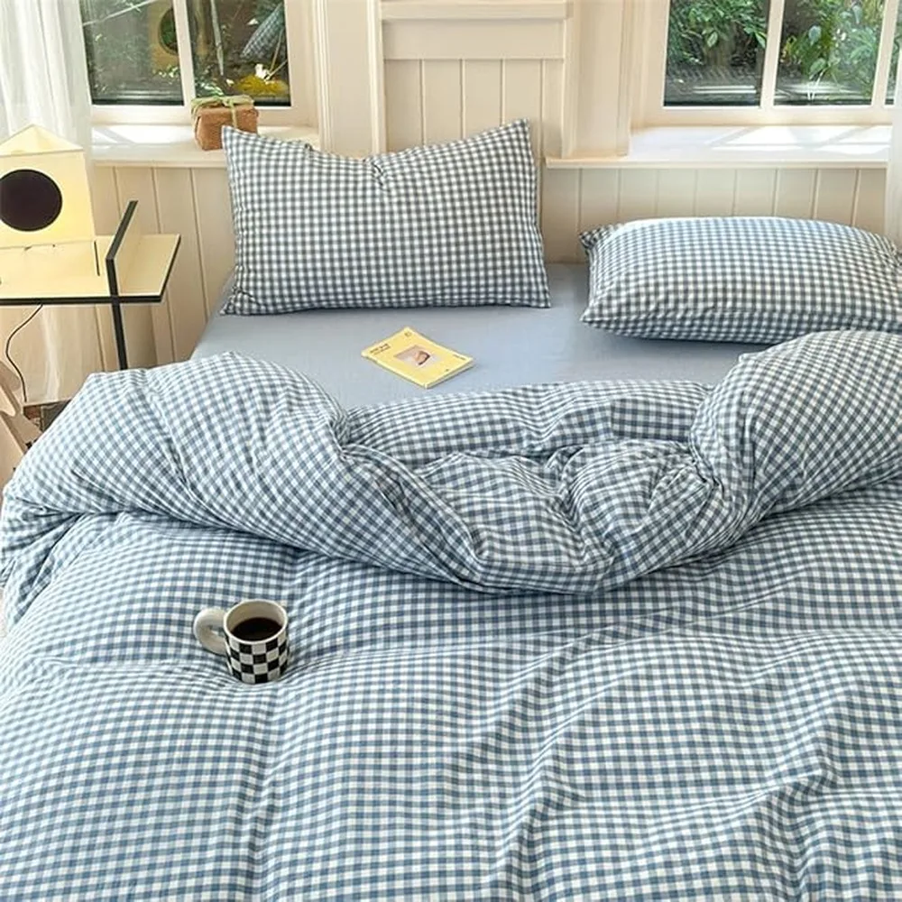 Comfortable Gingham Duvet Cover Premium Blue Gingham Comforter Twin XL Chic Minimalist Look Cotton