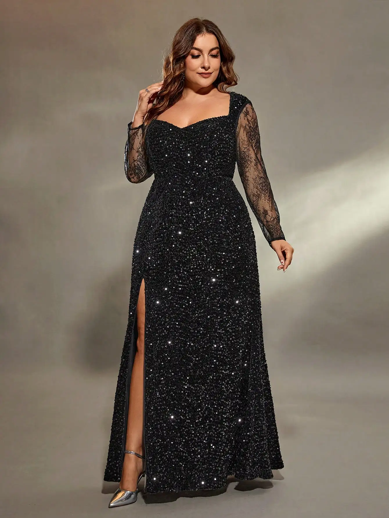 Mgiacy plus size Queen neckline lace long sleeve slim sequin slit fishtail Dress Evening gown Ball dress Party dress