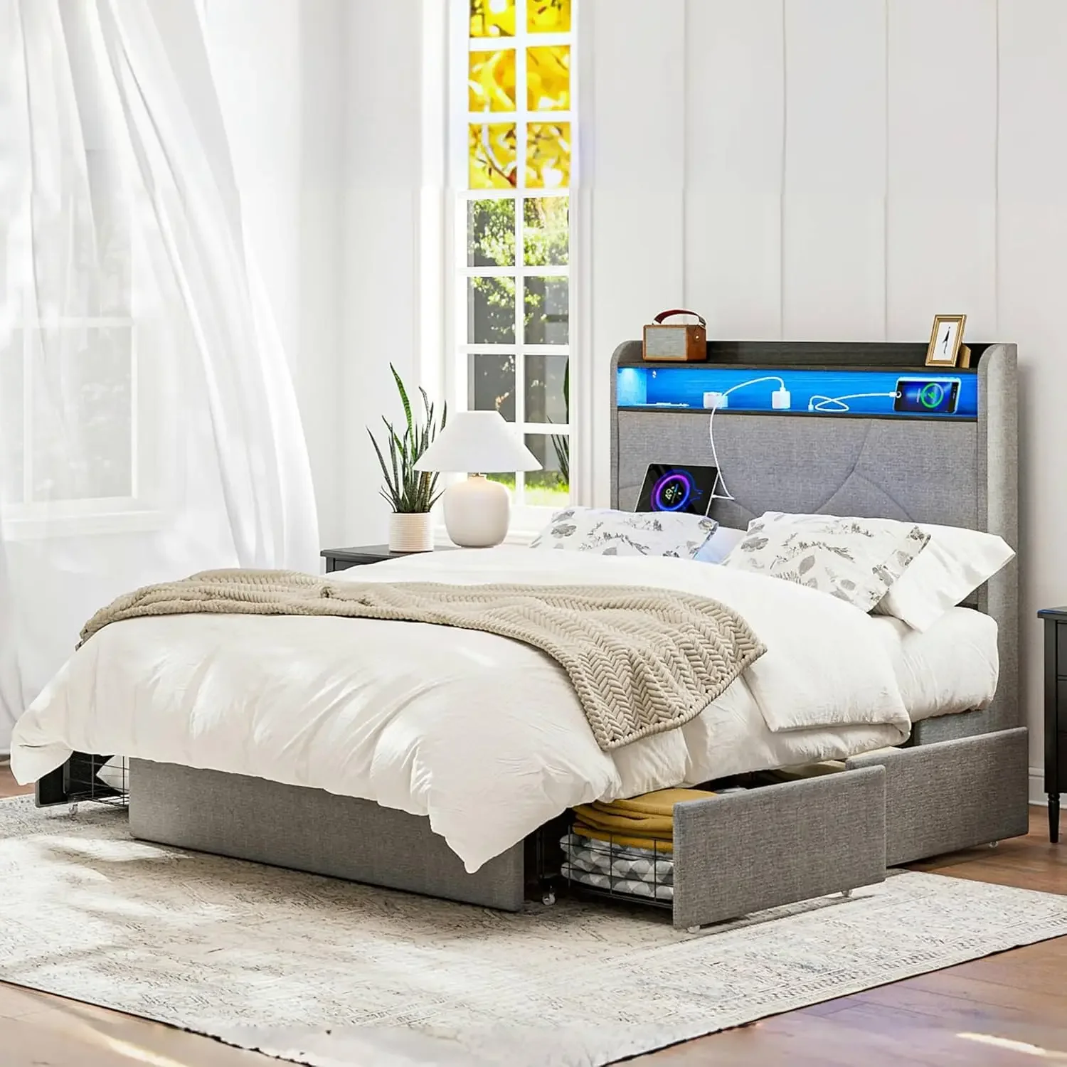 

Full Size Bed Frame with 4 Drawers, Storage Headboard & Charging Station, Bed Frame with LED Lights