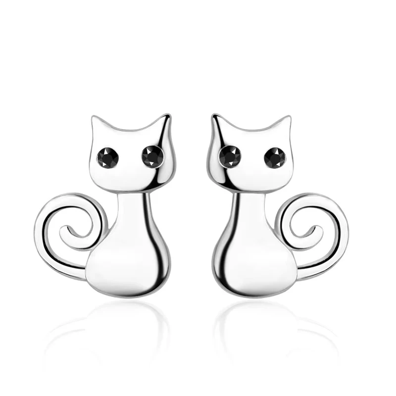 Cute Lovely Stud Earrings For Women Smart Cat Shape Jewelry Shiny Black Cubic Zirconia Top Quality 925 Sterling Silver Color