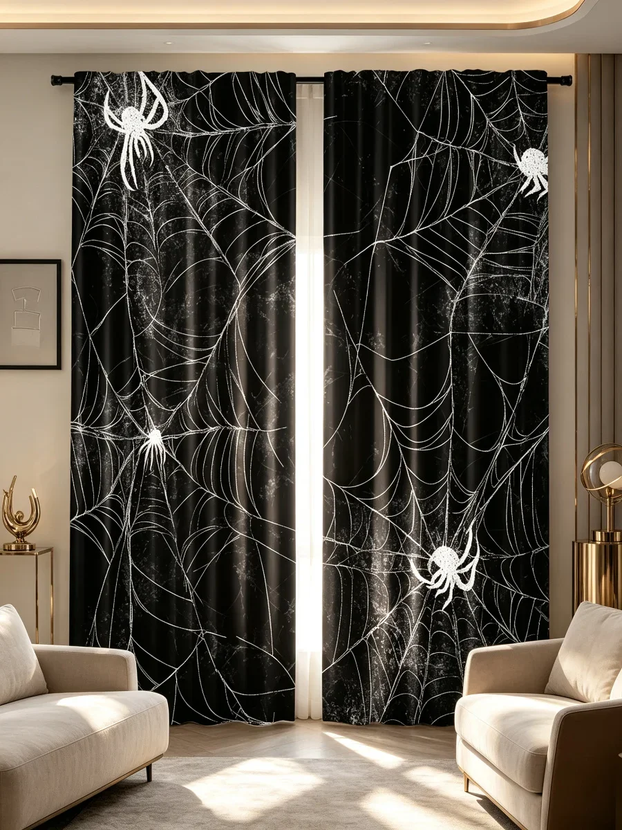 Spooky Black Spider Web Curtain Halloween Gothic Horror Decoration Window Drapes for Party Home Decor