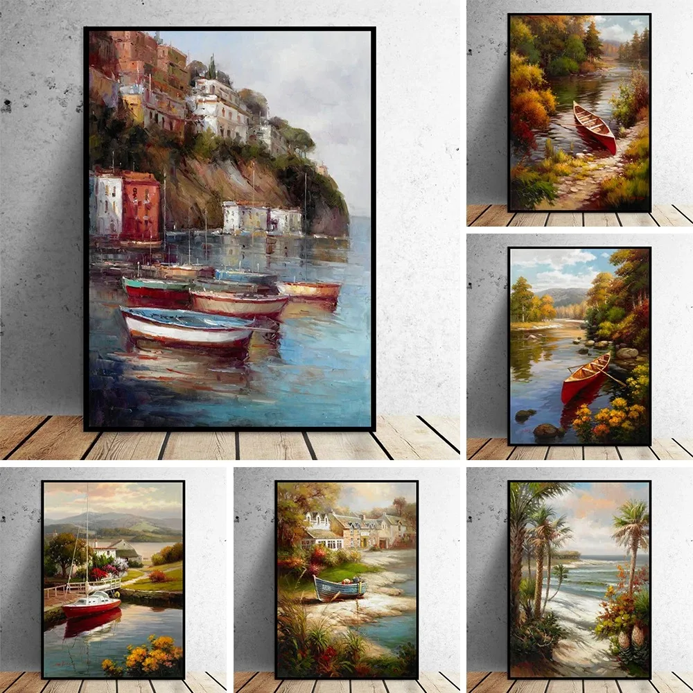 A2 A3 A4 Landscape Poster Boat Bay Beach Canvas Painting Classical Home Decorative Wall Art Pictures Prints Cuadros No Frame