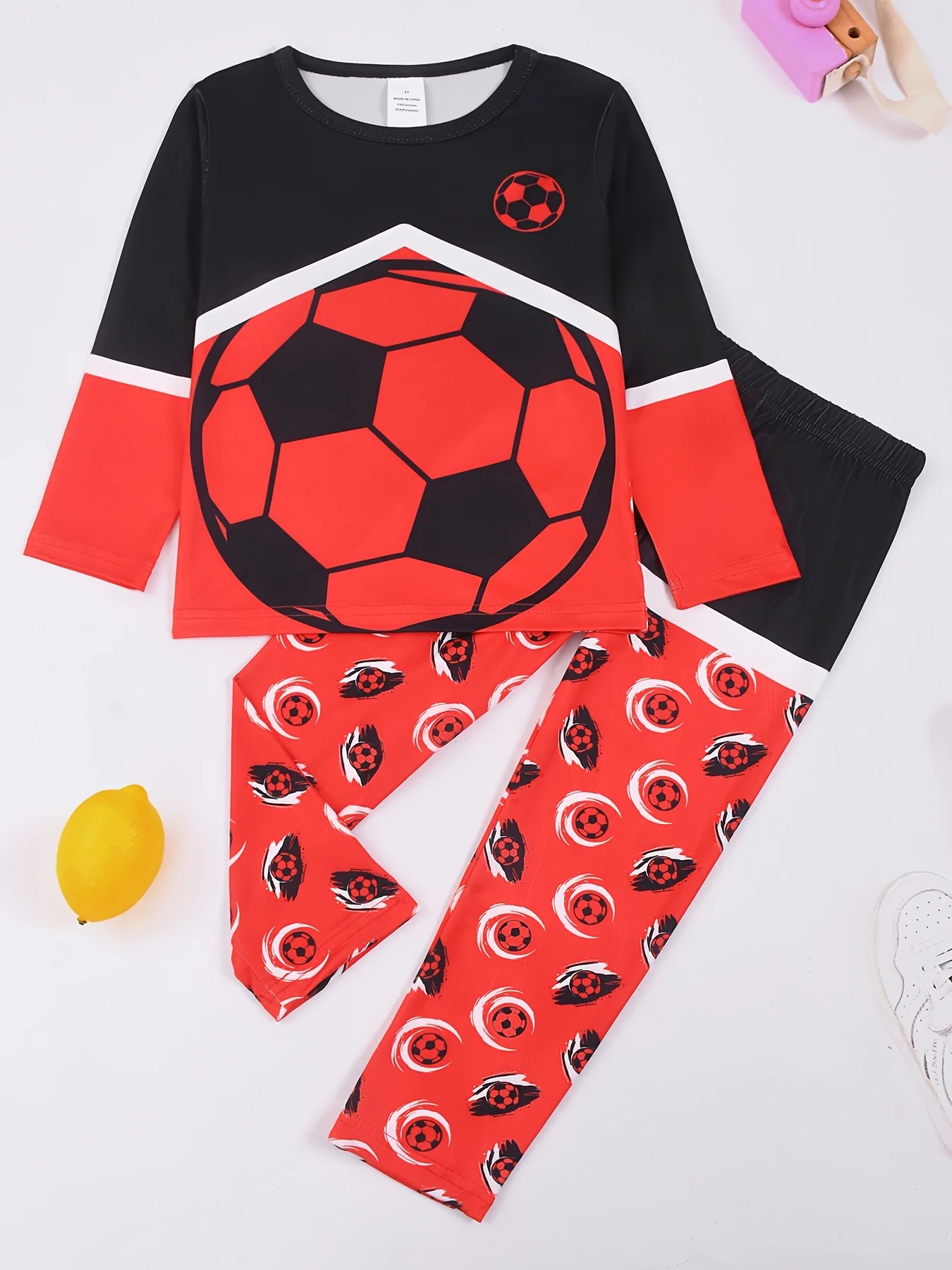 Boys' 2-Piece Football Print Pajama Set, Color Block Micro Elastic Long Sleeve Top & Pants Loungewear