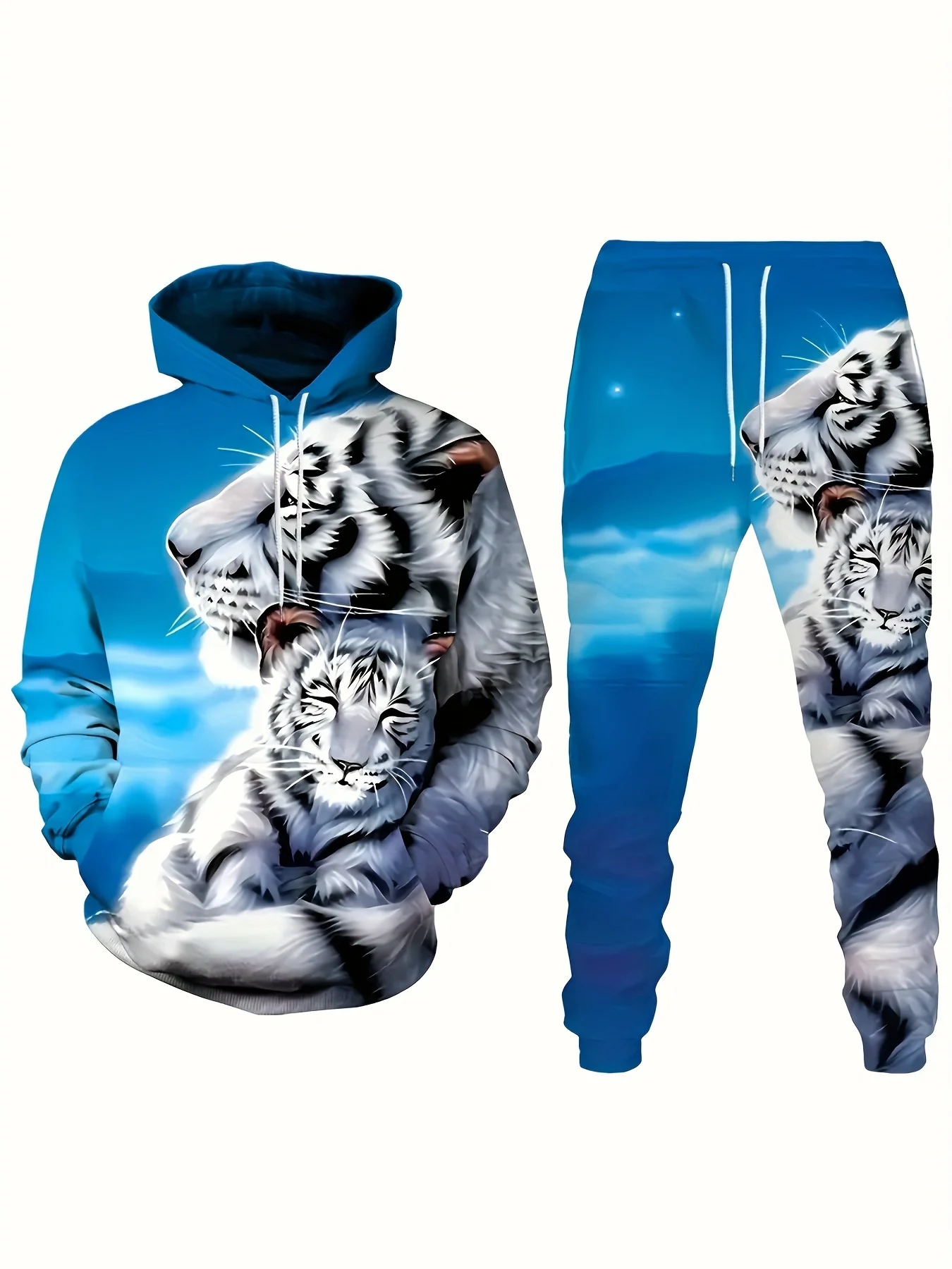 Men's casual tiger print men's two-piece casual hooded sweatshirt long sleeved sweatshirt sports pants set suitable for autumn a