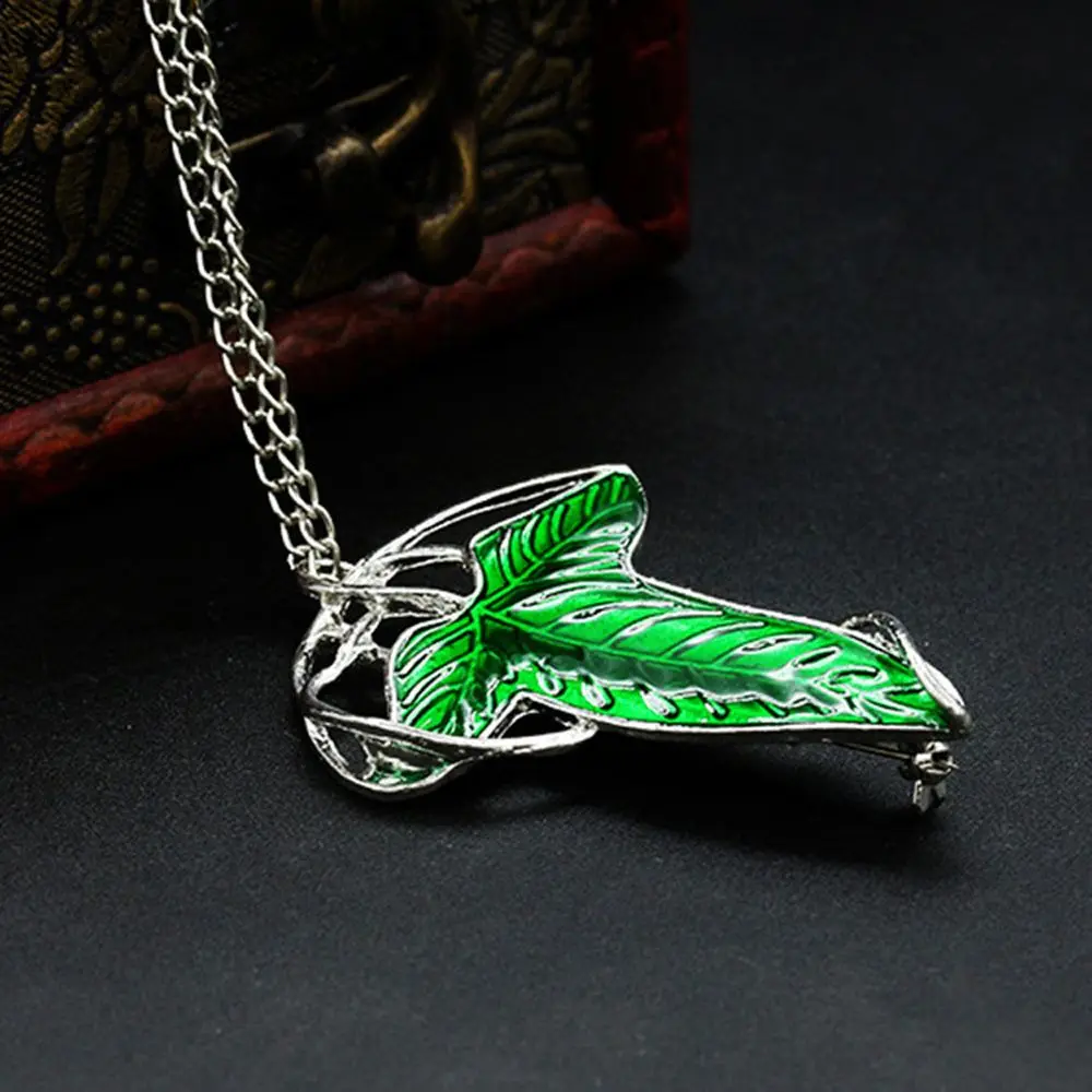 Vintage Lord of The Rings Green Leaf Elven Pin Brooch Pendant Chain Necklace