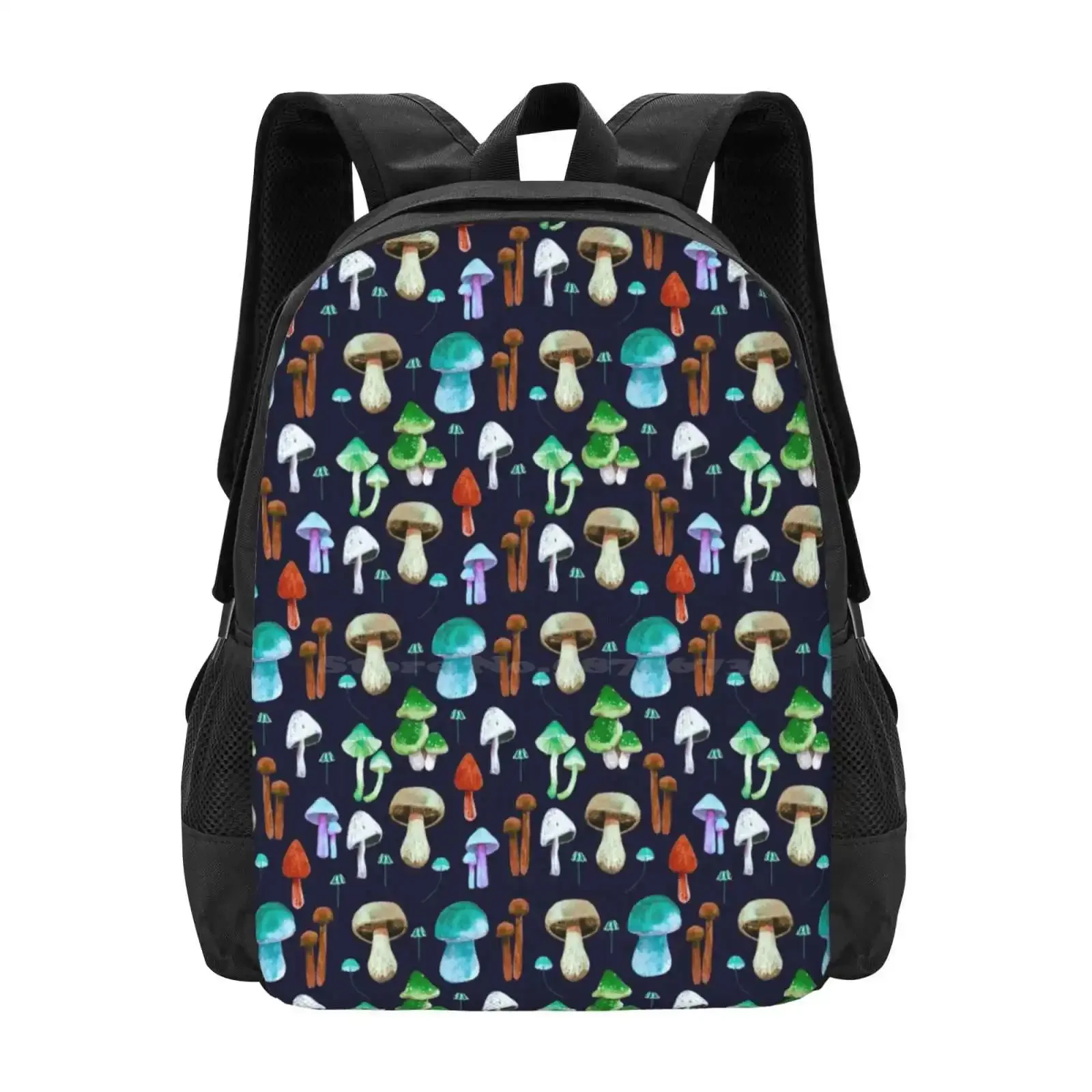 

Nocturnal Blue Watercolor Mushrooms Pattern Hot Sale Schoolbag Backpack Fashion Bags Dark Woods Winter Nights Navy Blue Pattern