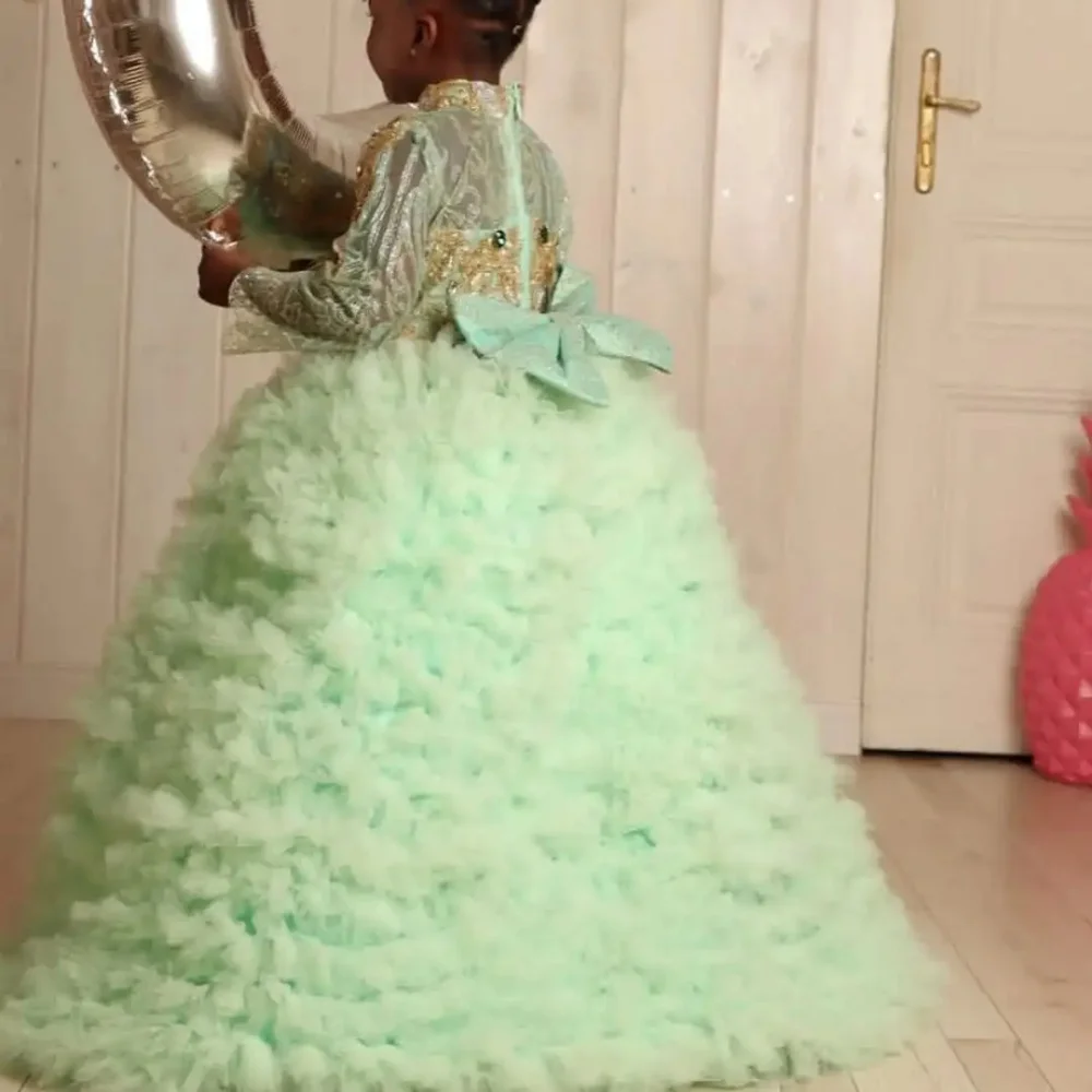 Light Green Flower Girl Dress Crystal Sequined Puffy Ruffles Kids Lovely Bow Birthday Party First Communion Bridesmaid Ball Gown