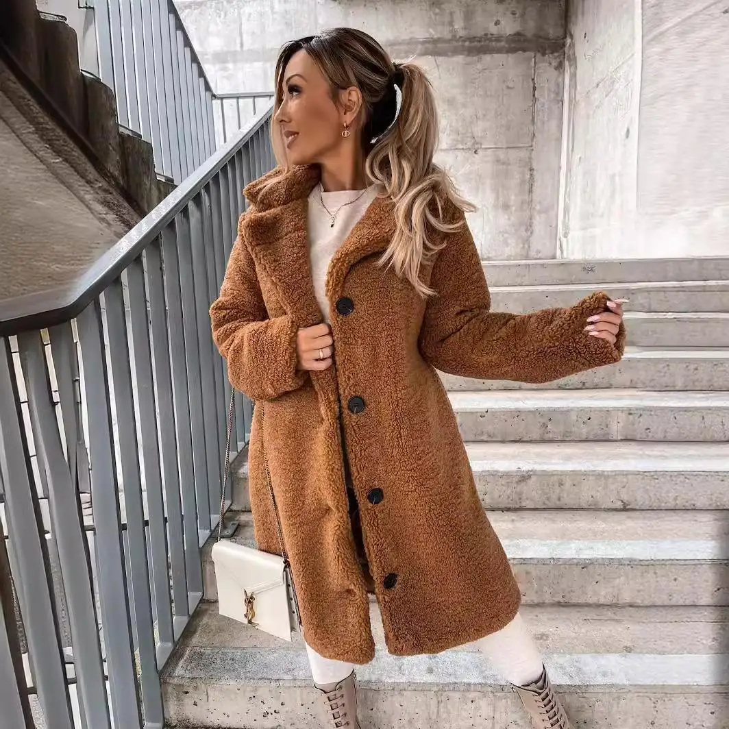 

Women's Long Fur Coat Lapel Top Winter Faion Outerwear Polyester Fiber Pure Color Ele Lady Sle Long Sve Coat