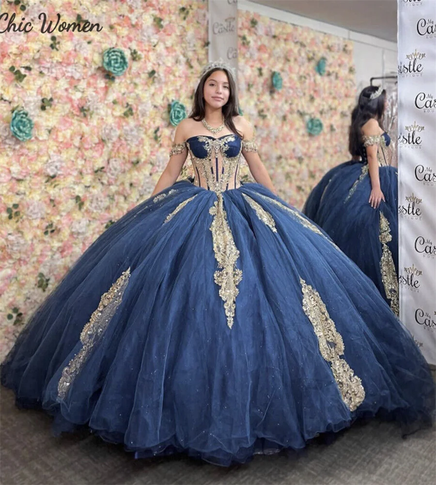 Classy Navy Blue Quinceanera Dresses  With Gold Lace See Through Corset Ball Gown  Beaded Sweet 16 Birthday Vestido De 15 Anos