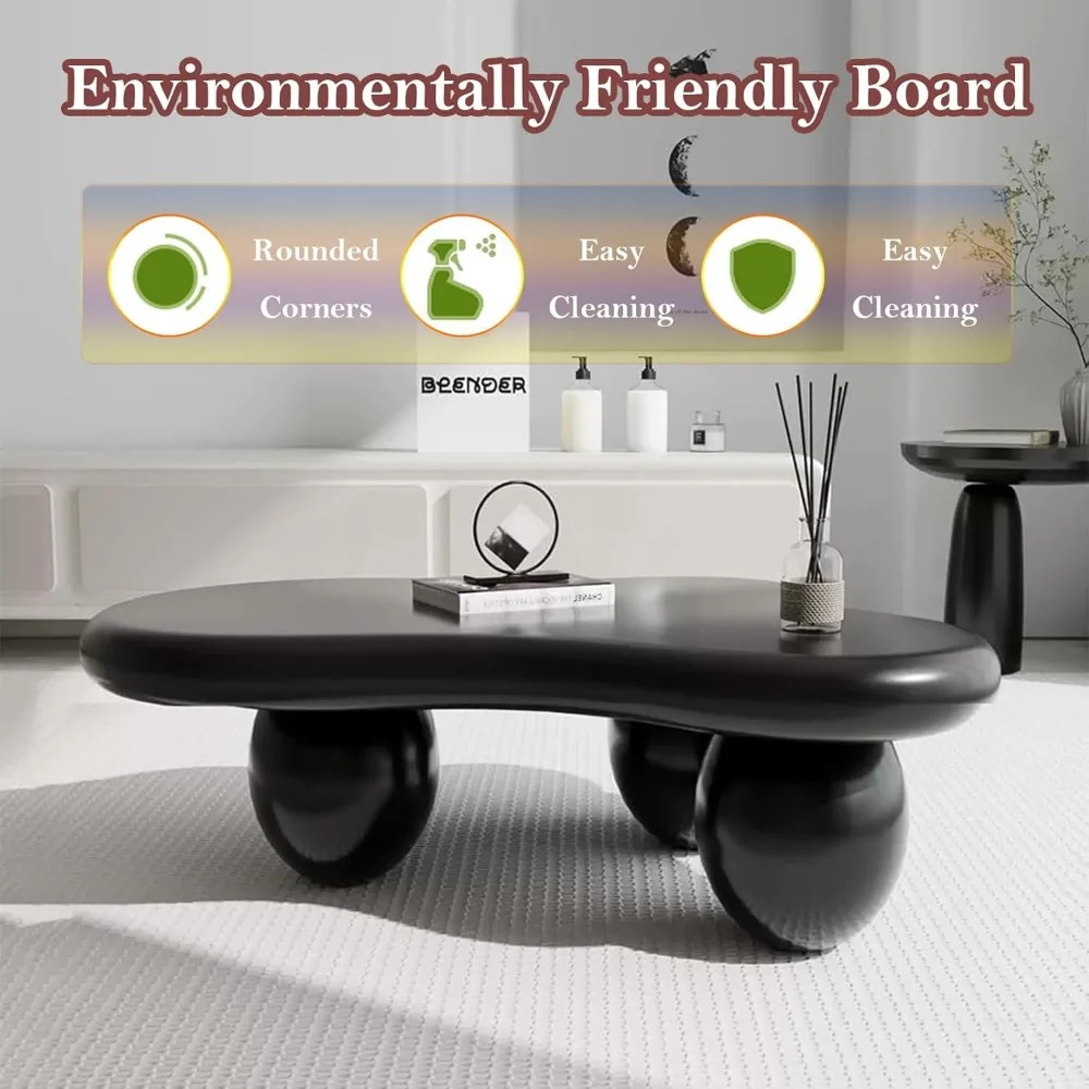 Asymmetric Black Coffee Table with 3 Stable Ellipsoid Leg, Modern Stylish Cloud Center Table - Cafe Books Laptop Snacks