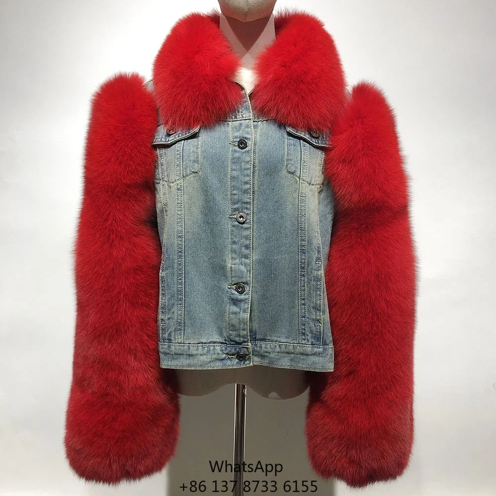 Jeans Fur Jacket Ladies Plus Size Coat Women Fox Fur Sleeve Denim Jacket