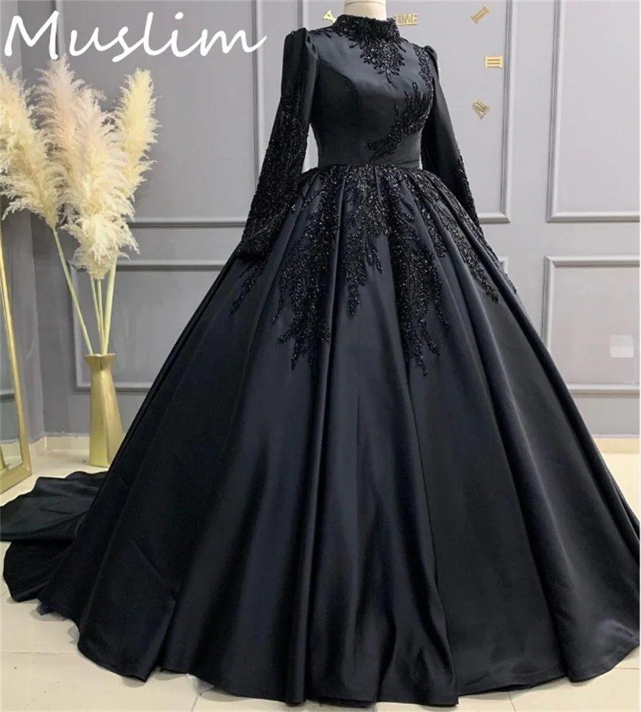 Luxo Preto Vestidos De Casamento Muçulmano, Elegante Manga Longa, Vestido De Noiva Gótico, Renda Frisada, Linha A, Vestido De Noiva Da Igreja, Romântico, 2025