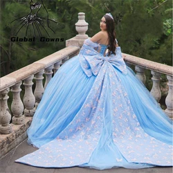 Princess Blue Quinceanera Dress 2024 Butterfly Appliques Bead Crystal Birthday Prom Sweet 16 Gown Vestidos De 15 Años Customized