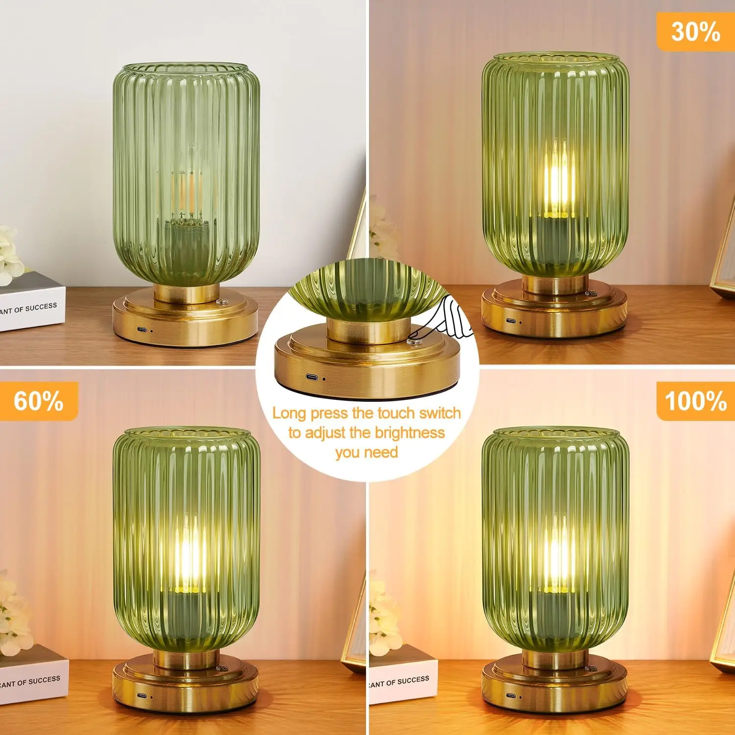 Rechargeable Cordless Table Lamp, 7500mAh Battery, Touch Dimmable, Gold Base Green Glass Shade for Bedroom Desk