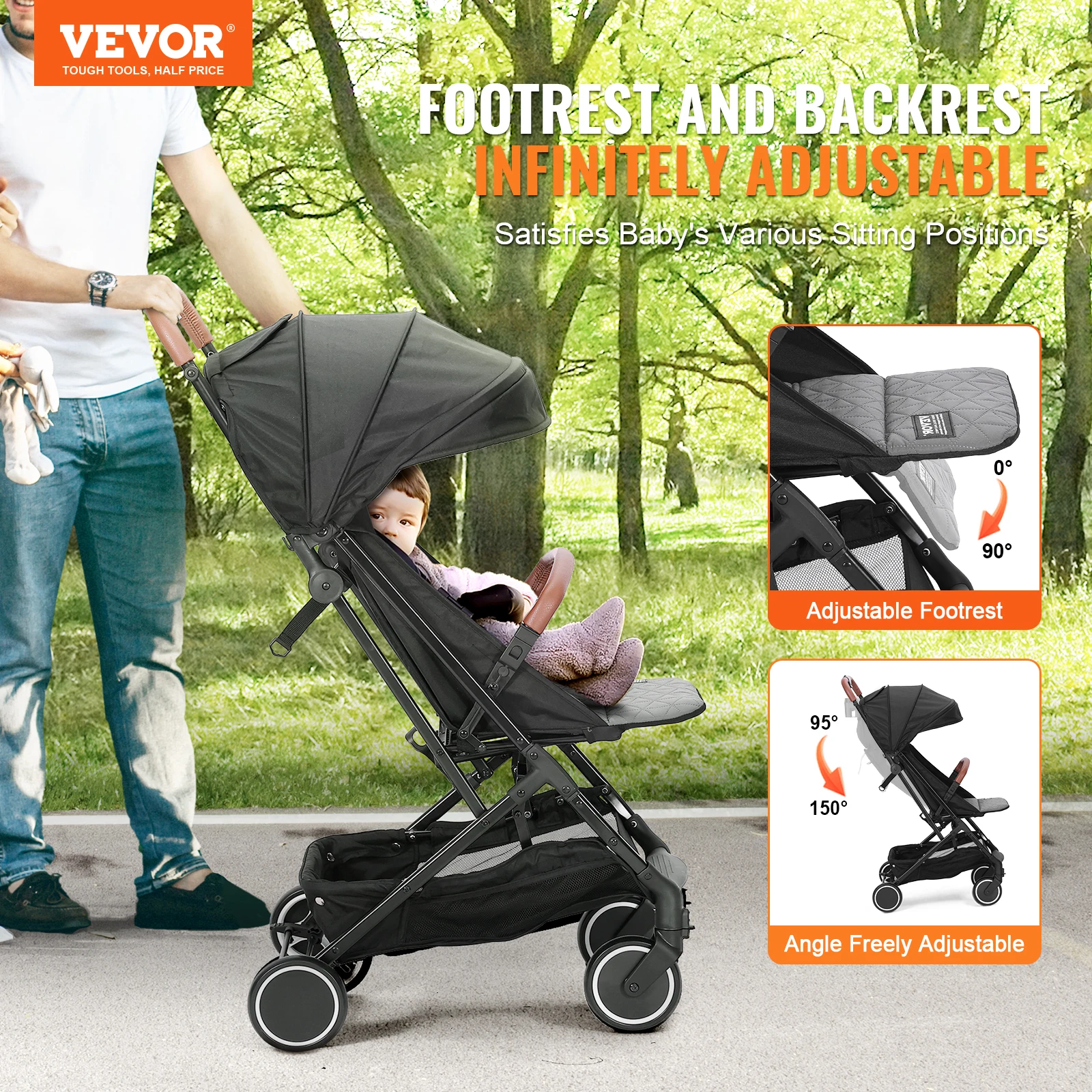 VEVOR Standard Baby Infant Stroller 95°-150° Adjustable Backrest One-click Folding Newborn Stroller with Cup Holder Carry Bag