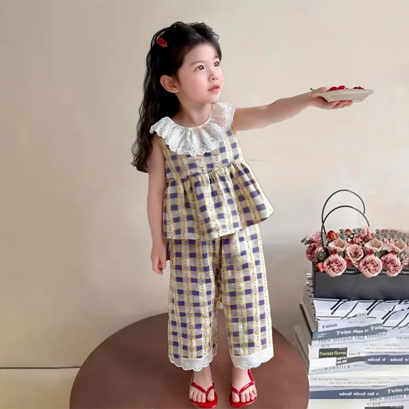Girl's Summer Sleeveless Set Lace Edge Pants +Sweet Top Princess Style Vest Doll Neck Clothing Sets