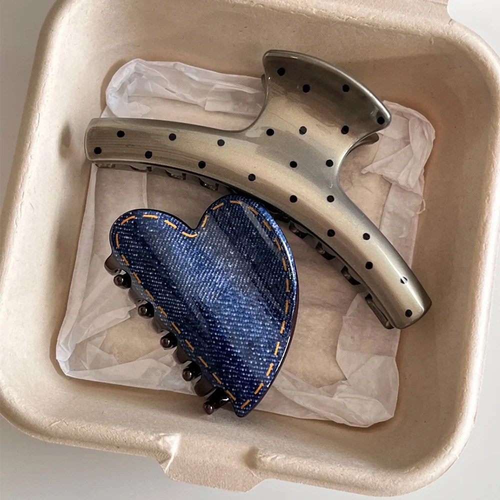 Retro denim textured heart-shaped silver polka dot hair clip with shark spring pattern, a women's everyday hair accessory. - view 2