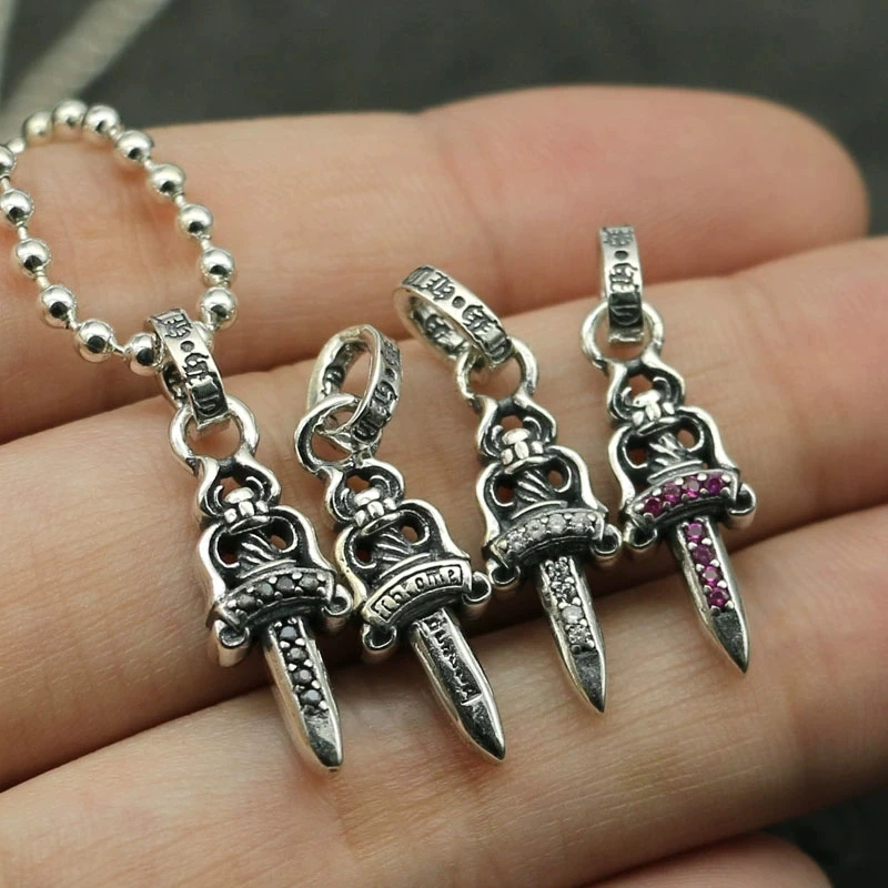 

925 sterling silver antique sword, holy sword with diamond pendant, cool and trendy pearl necklace pendant