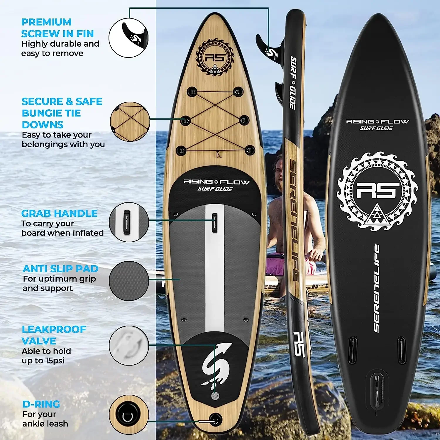 6-inch-thick SereneLife Inflatable Stand-Up Paddle Board with Premium SUP Attachments and Wooden Carry Bag