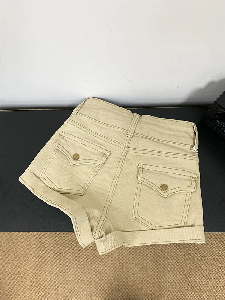 

Khaki Denim Short Shorts Women's High Waist Slimming A-Line Hot Pants Summer New Style Retro Spicy Girls Outdoor Wear