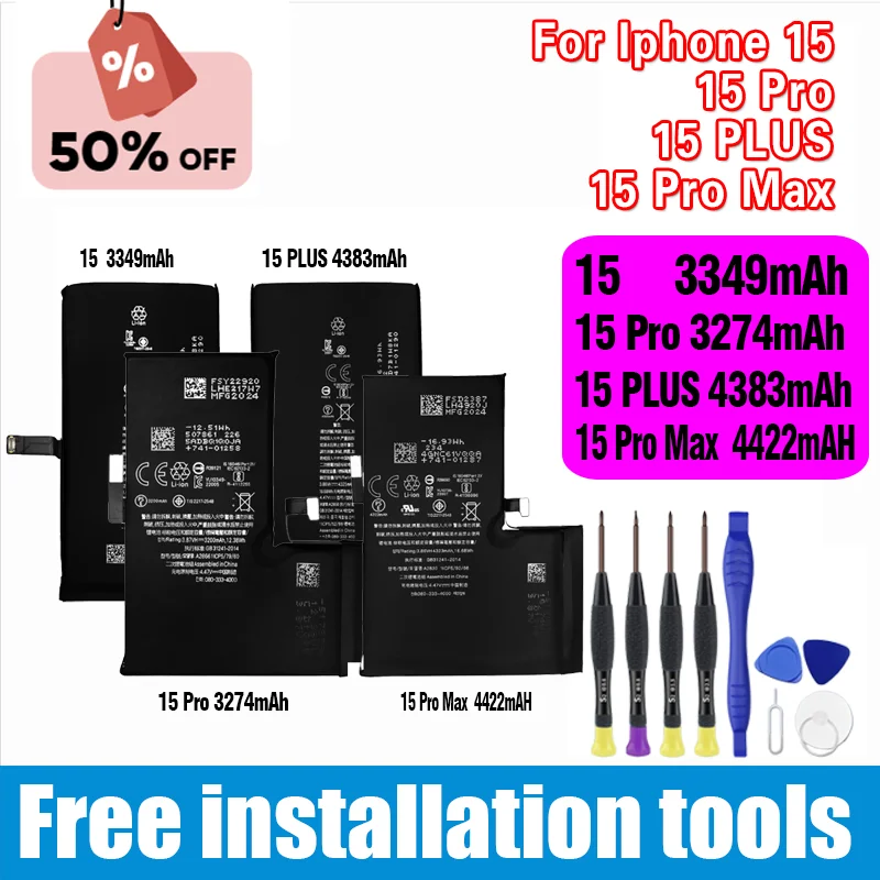 

Battery for Apple Iphone 15 3349mAh 15Pro 3274mAh 15Plus 4383mAh 15Pro Max 4422mAh Replacement Batteries