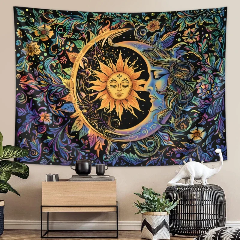 Sun and Moon Tapestry, Mystic Floral Wall Hanging, Hippie Style Botanical Retro Aesthetic Tapestry