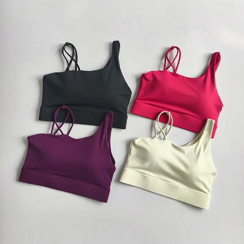 Hochintensiver stoßfester Sport-BH für Frauen, Push-Up, geeignet für Laufen, Yoga, Training, Pilates, mit schrägen Schulterträgern. – Detail 3