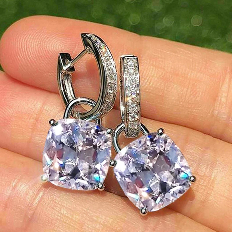 Luxury Female Light Blue Zircon Stone Earrings Cute Small Square Hoop Earrings For Women Silver Color Wedding Earrings