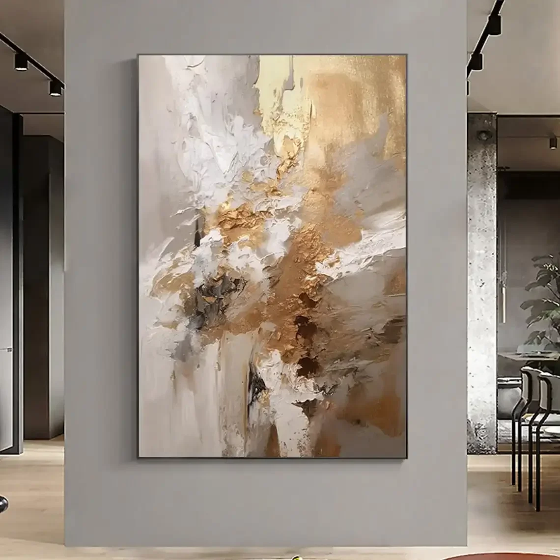 Pintura al óleo de textura abstracta sobre lienzo, arte minimalista, arte de pared grande, decoración de pared dorada, pintura