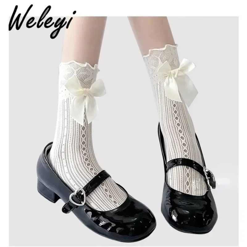 Y2k Fashion All Match Lolita Socks Woman 2024 Summer New Thin Cute Japanese Style Ballet Style White Lace Mid Calf Bow Stockings