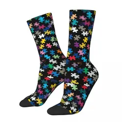 Retro Autism Awareness Puzzle Pattern Basketball Socks Polyester Middle Tube Socks for Unisex