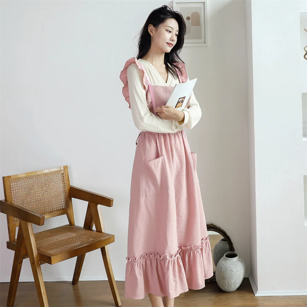 Ladies Long Apron Dress Kitchen for Woman with Pockets Pastoral Literature and Art Gardening Oil Painting Dessert Blouse Skirt