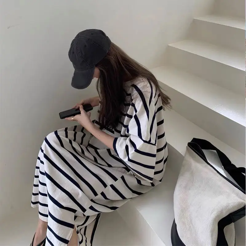 Summer New Black and White Stripe T Shirt Dress Short Sleeve Loose All-match Youth Dresses Trend Casual Fashion Women Clothing