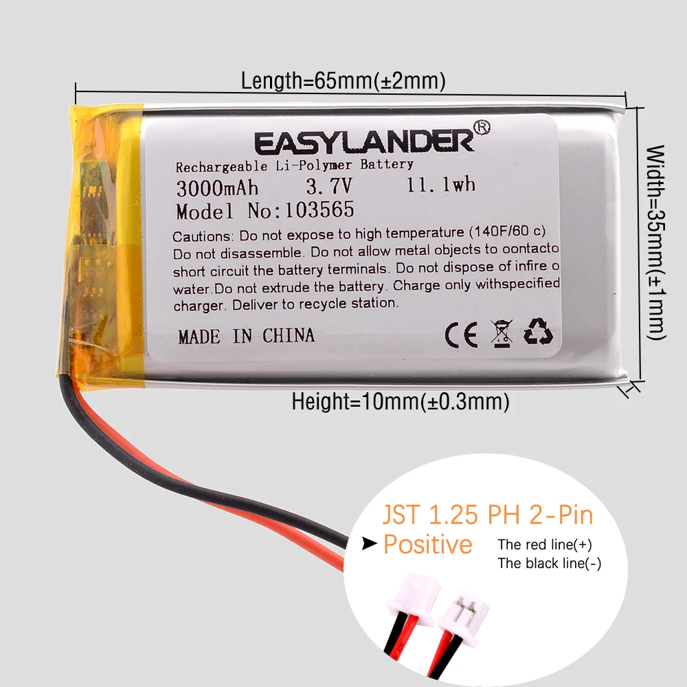 5pcs/Lot JST1.25 2P Silicone Wires 103565 103665 3.7V 3000mAh  Li-Polymer Battery for console Miyoo Mini Plus Game machine