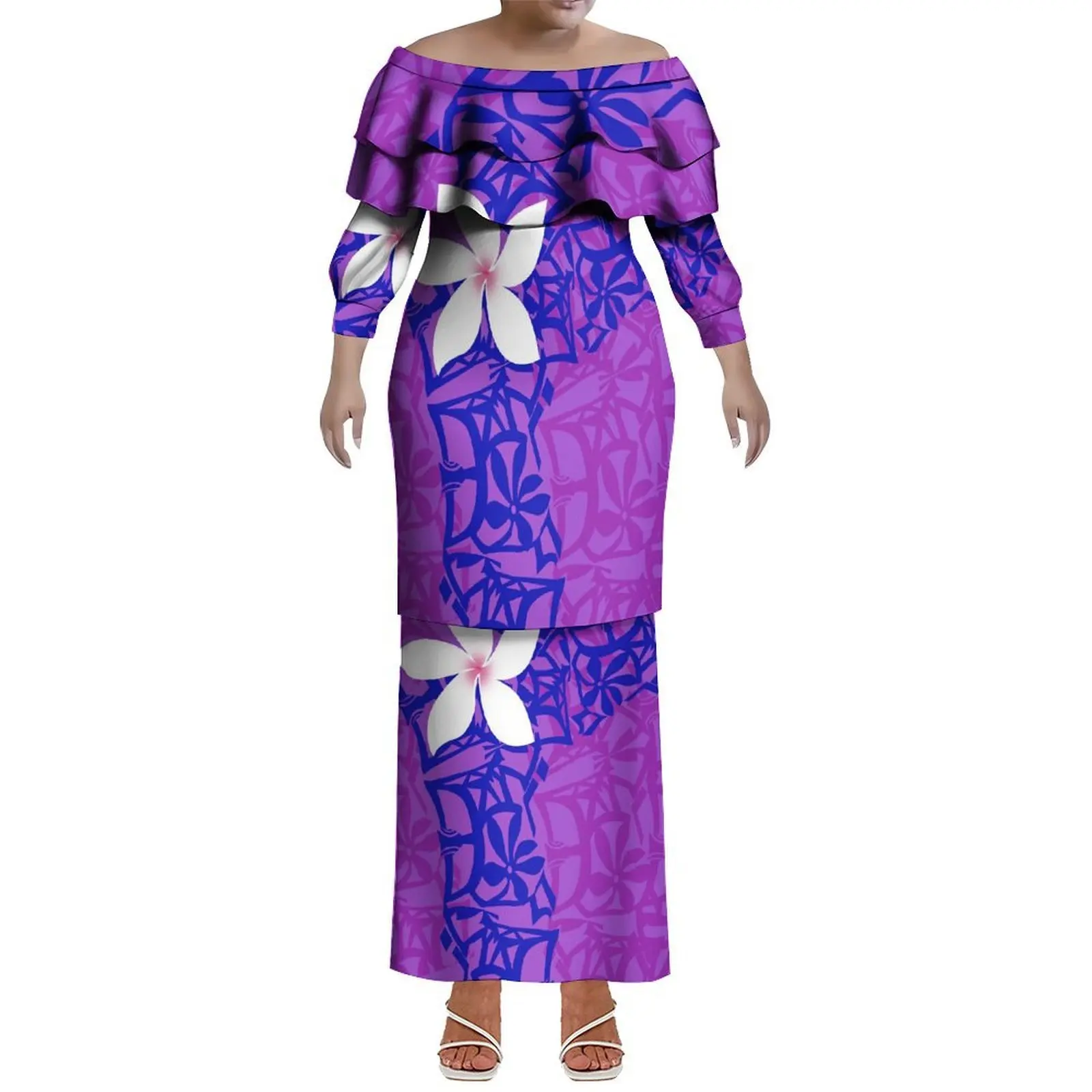 Puletasi Figure-Hugging Dress With A Lotus Leaf Collar Custom-Made Polynesian Tribal Women'S Clothing Featuring Samoan Prints