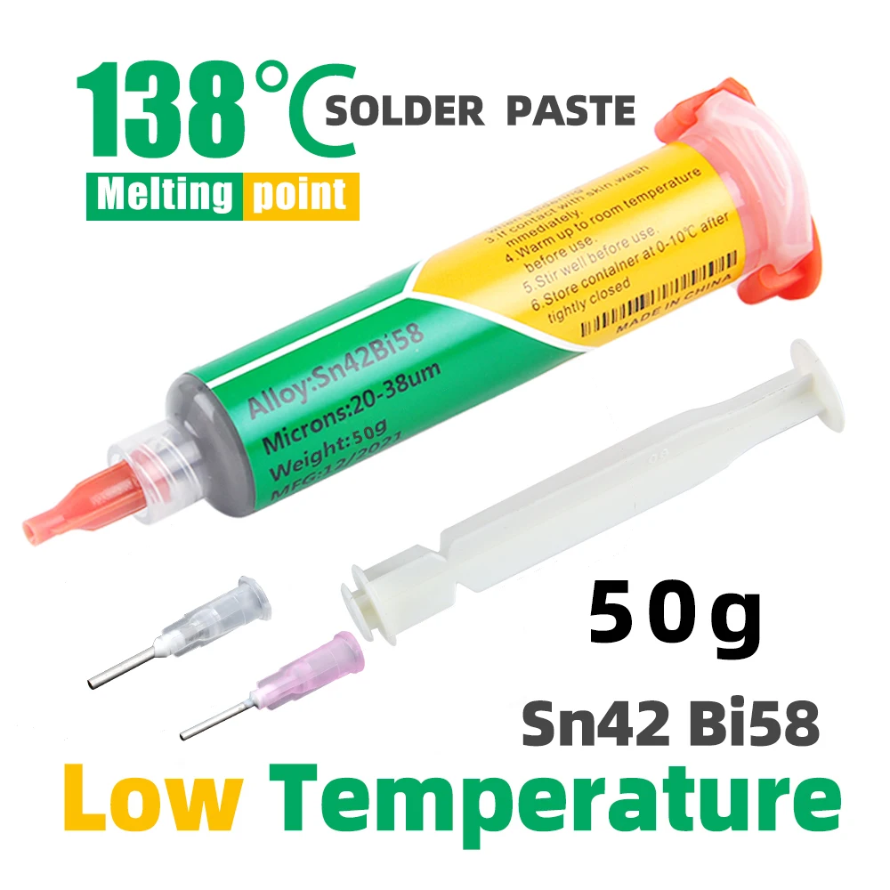 Jeringa sin plomo de baja temperatura, pasta de soldadura sin limpieza Sn42Bi58, pasta de soldadura SMD 138 ℃   Para reparación de componentes de teléfono