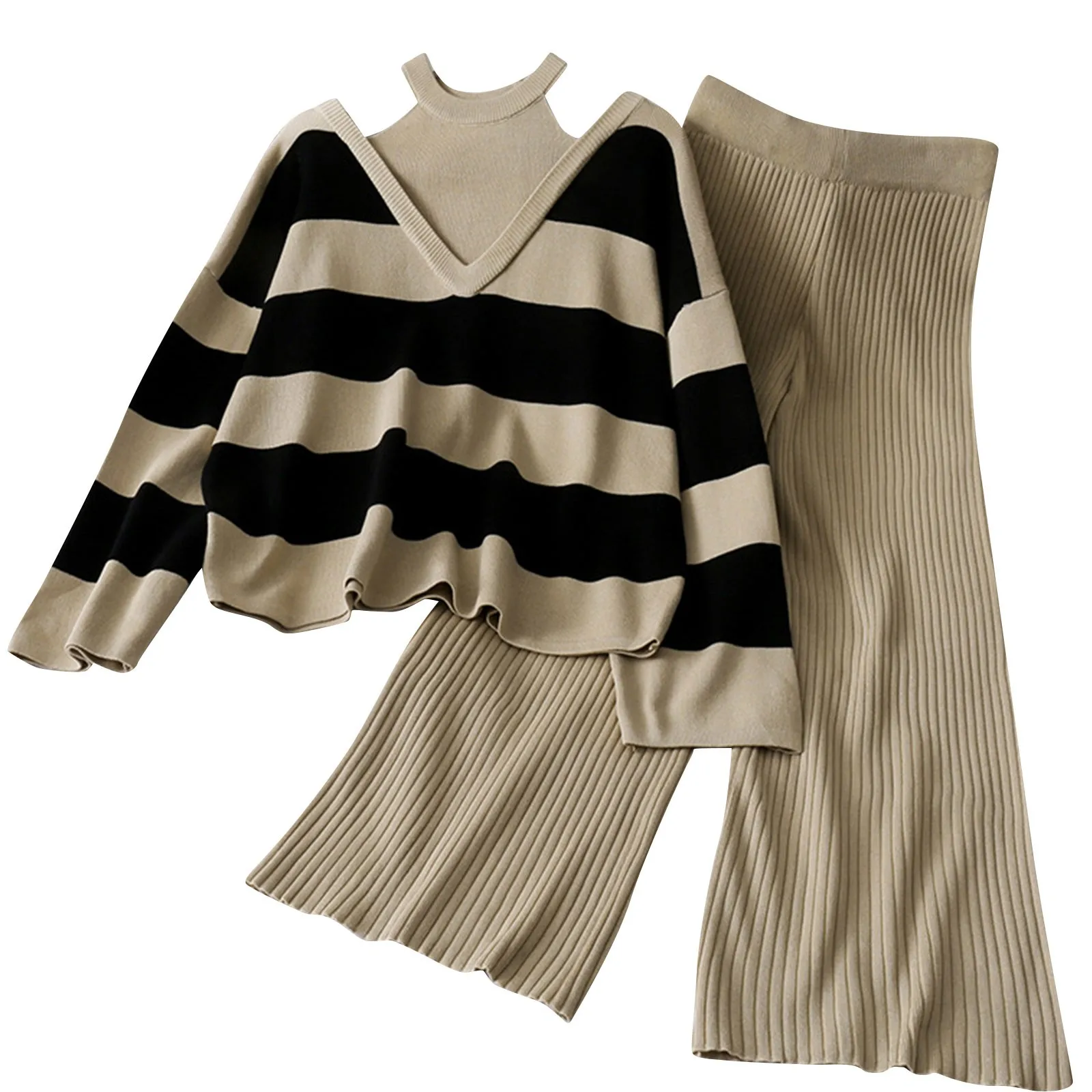 

Women'S Pant Sets Hanging Neck Style Fake Two-Piece Stripe Knit Tops High Waisted Solid Color Loose Wide Leg Pants Two-Piece Set
