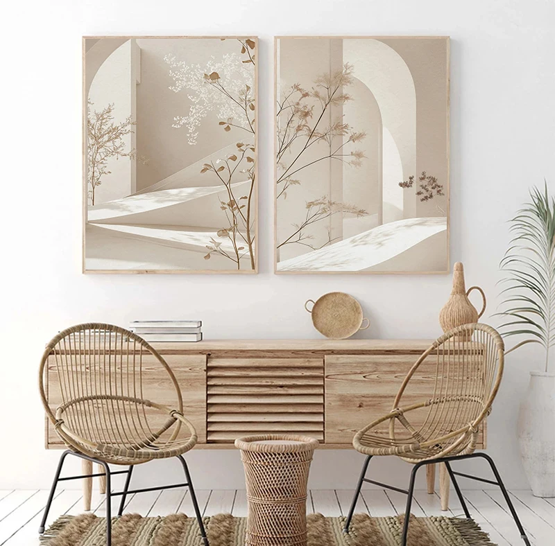 Minimalistischer Bogen, Landschaft, Blume, neutral, zeitgenössisch, Leinwandgemälde, Druck, Boho-Kunst, Wandkunst, Poster für moderne Raumdekoration