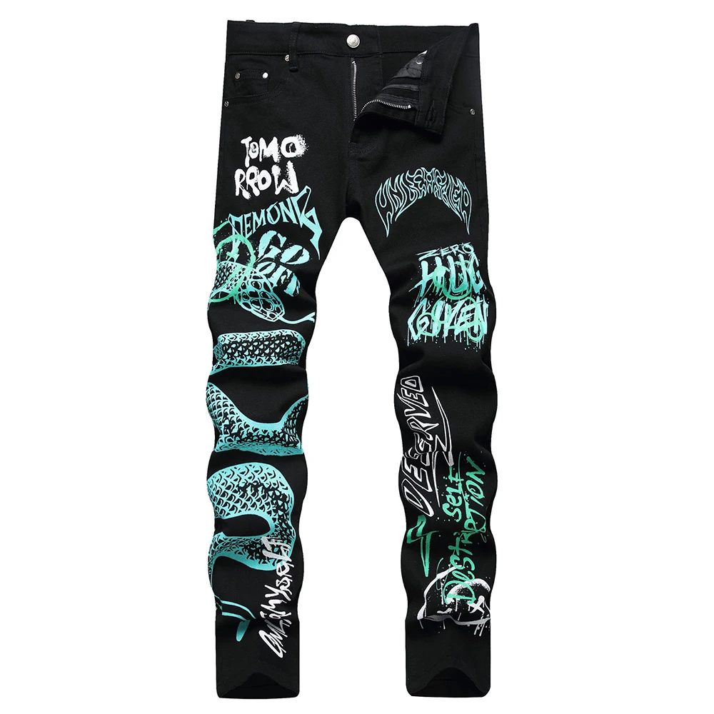 Men's Snake Print Jeans Fashion Punk Letters Black Stretch Denim Pants Gothic Slim Tapered Trousers
