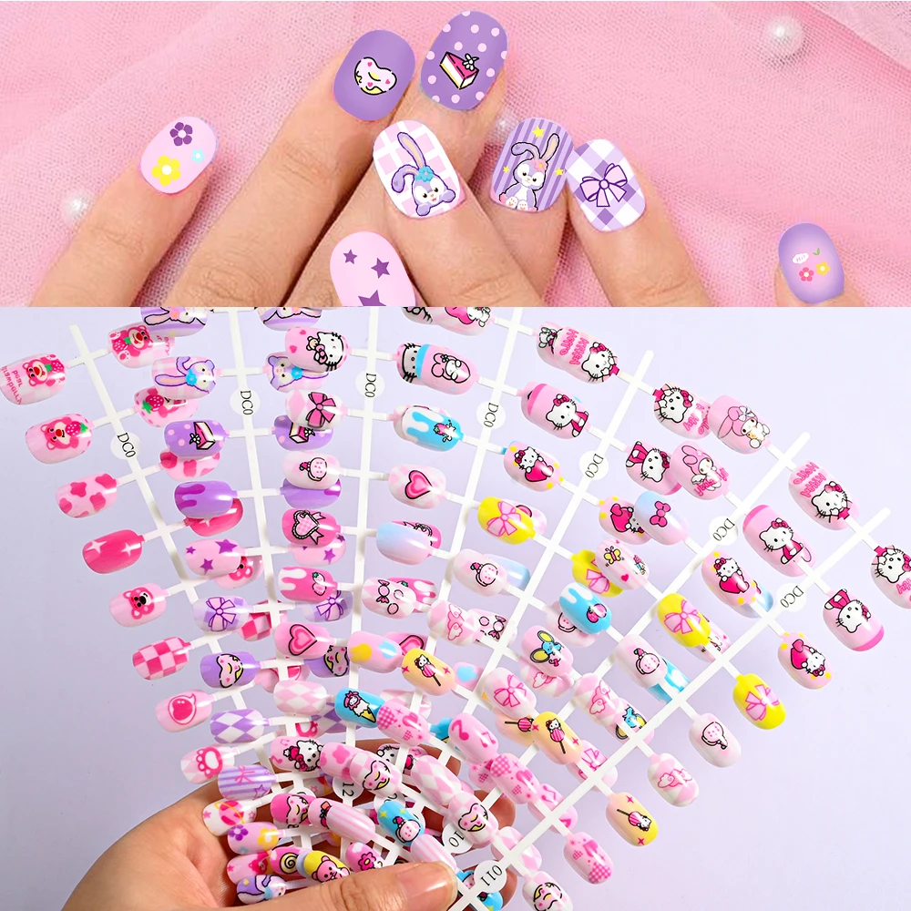 24Pcs Girls Cartoon Style Full Cover Press On False Gel Short Square Kuromi Hello Kitty Kids False Nail 6~12 years Fake NailsTip