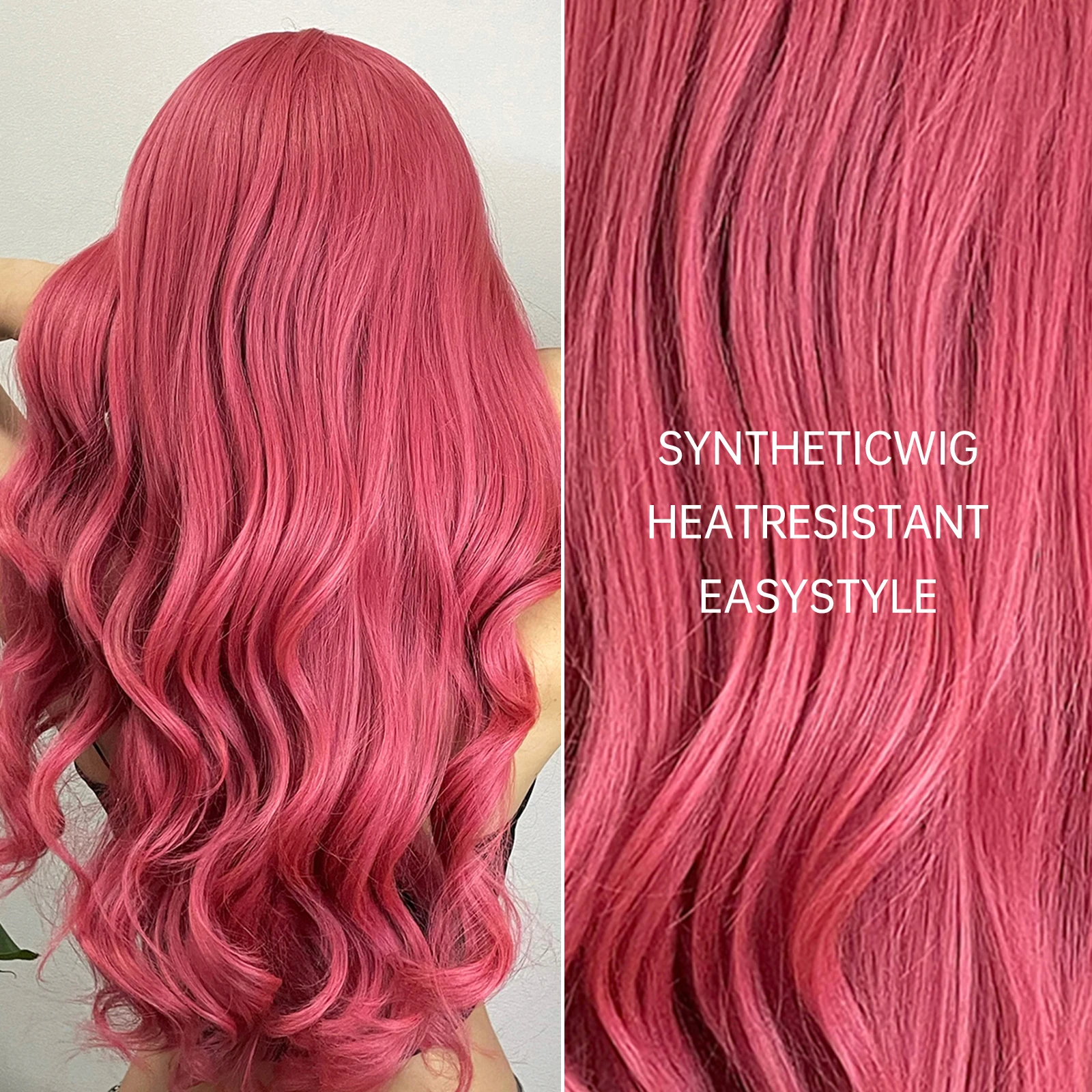 GEMMA Long Wavy Pink Red Synthetic Wig with Bangs for Women Colorful Cosplay Lolita Party Fake Hair Wig Natural Heat Resistant