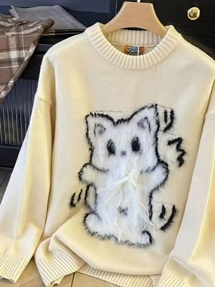 High Quality Cute Cat Cartoon Embroidery Sweaters Winter Loose Baggy Jumper Sky Y2K Tops Sweater Women Pullovers Korean Fashion