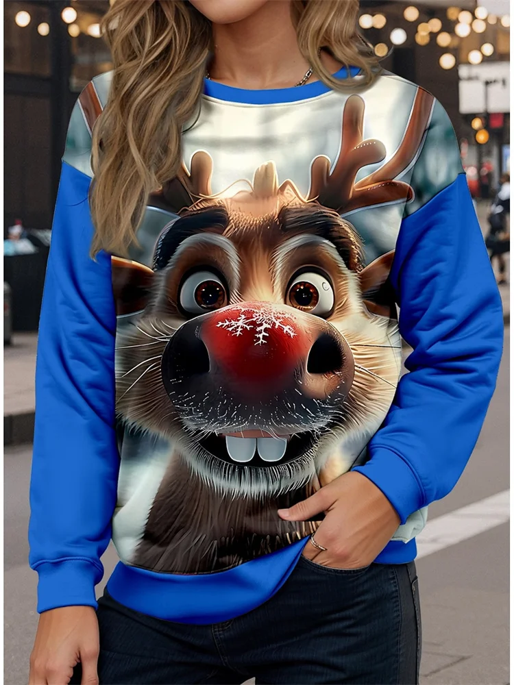 Hooded Shirt Women's Sweatshirt Polyester Reindeer Christmas Street Print Casual Crew Neck Long Sleeve Micro-elastic Fall Winter