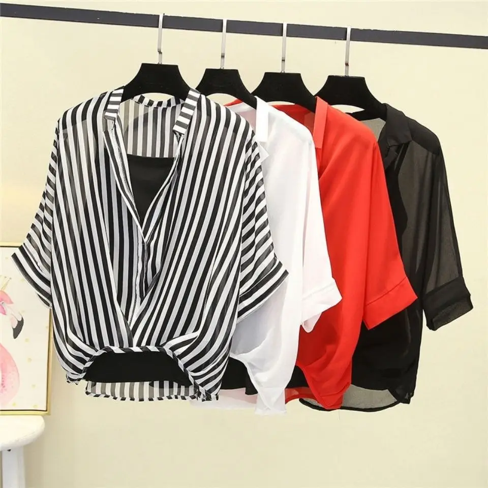 Summer New Casual Chiffon Shirt and Sling Vest Two-piece Set for Women's Clothing Stripe Loose Slimming Bat Sleeve Chiffon Top