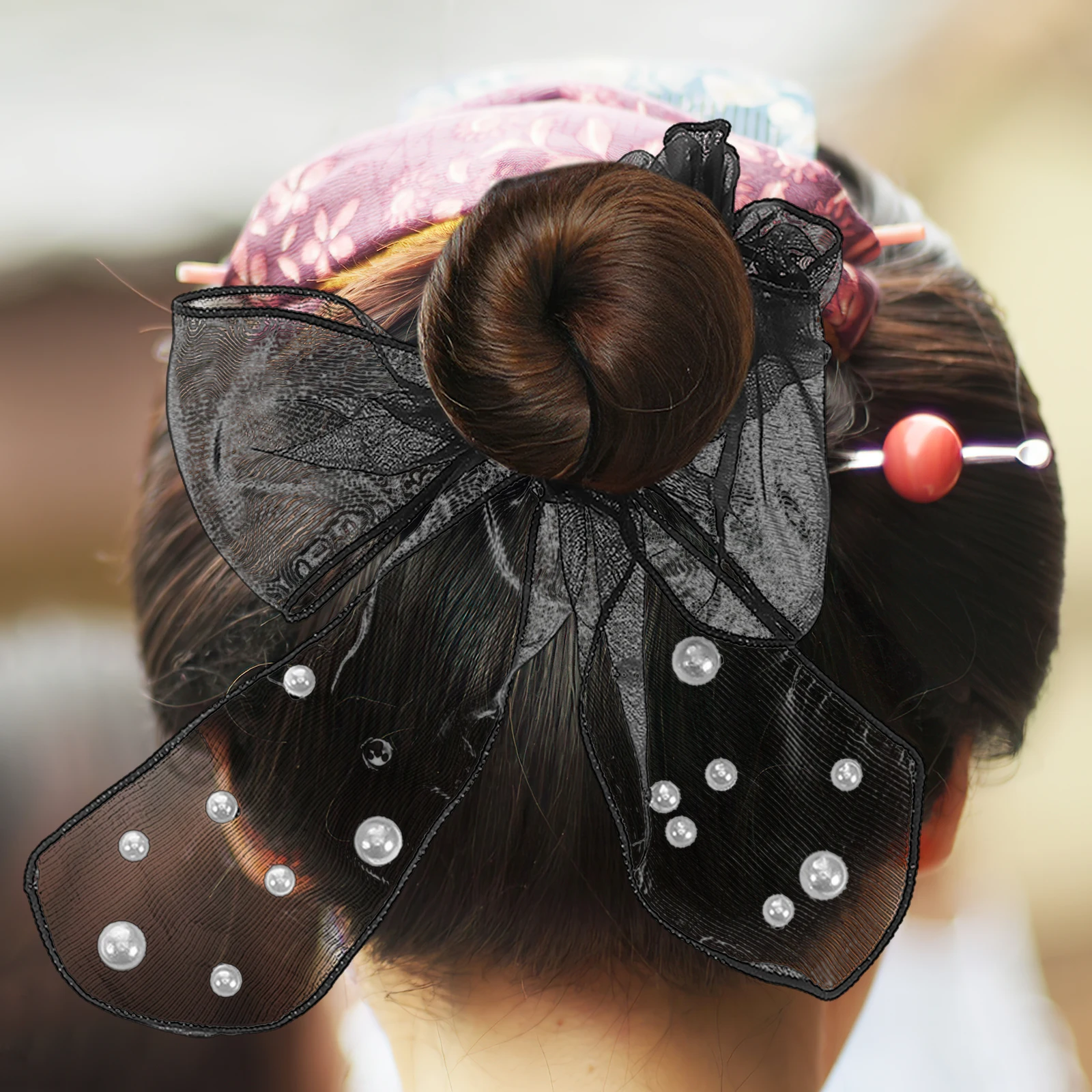 

2Pcs Women Hair Accessories Holiday Scrunchies Cute Beads Mesh Bows High Elasticity Oversized Ponytail Holder Stylish