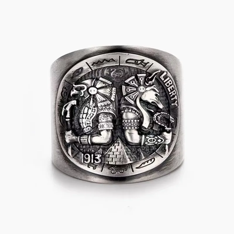 Egyptian Mythology Horus Ring, Brushed Finish Index Finger Ring, Stylish Open Adjustable Unisex Statement Jewelry