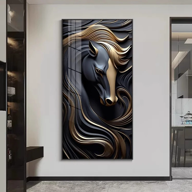 Modern Black Handsome Horse Luminous Indoor Painting Led Wall Lamp For Entry Hall Living Room Dining Room Abstract Decorative