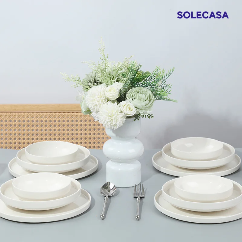 SOLECASA 3/12 Pieces Porcelain Dinnerware Sets White Bowls and Plates Scratch Resistant Dish Ceramic bowl Spaghetti Dinner Plate