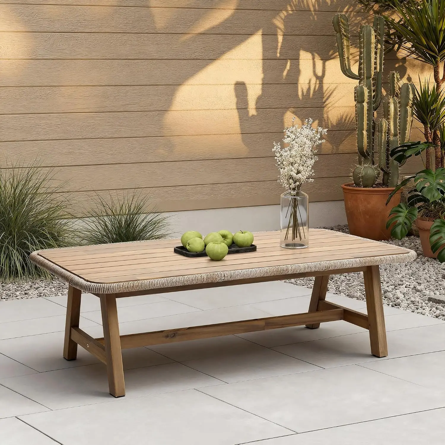 47" Outdoor Coffee Table for Patio, Acacia Wood Patio Table with Woven Trim, Rectangular Outdoor Table, Customized